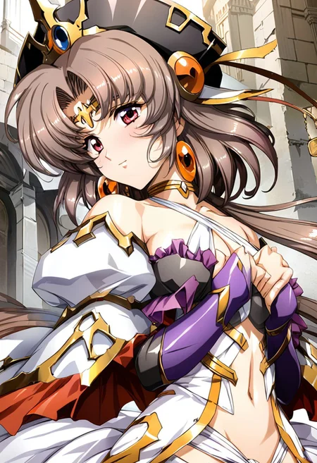 masterpiece,best quality,very aesthetic,absurdres,metallic luster,fantasy,nsfw,solo,1girl,<lora:yulia_v1.1:1>,yulia,y_clothes,Headdress,navel,long hair,very long hair,thighlet,jewelry,barefoot,shiny,floating hair,detached sleeves,earrings,shiny hair,hat,collarbone,breasts,toeless legwear,long sleeves,<lora:Fixhands_anime_bdsqlsz_V1:1>,upper_body,face_focus,head_tilt,smile,light_blush,castle,indoor,profile,from_back,looking_at_viewer,, masterpiece,best quality, very aesthetic, absurdres, ultra detailed, high resolution, 4k, extremely detailed CG,