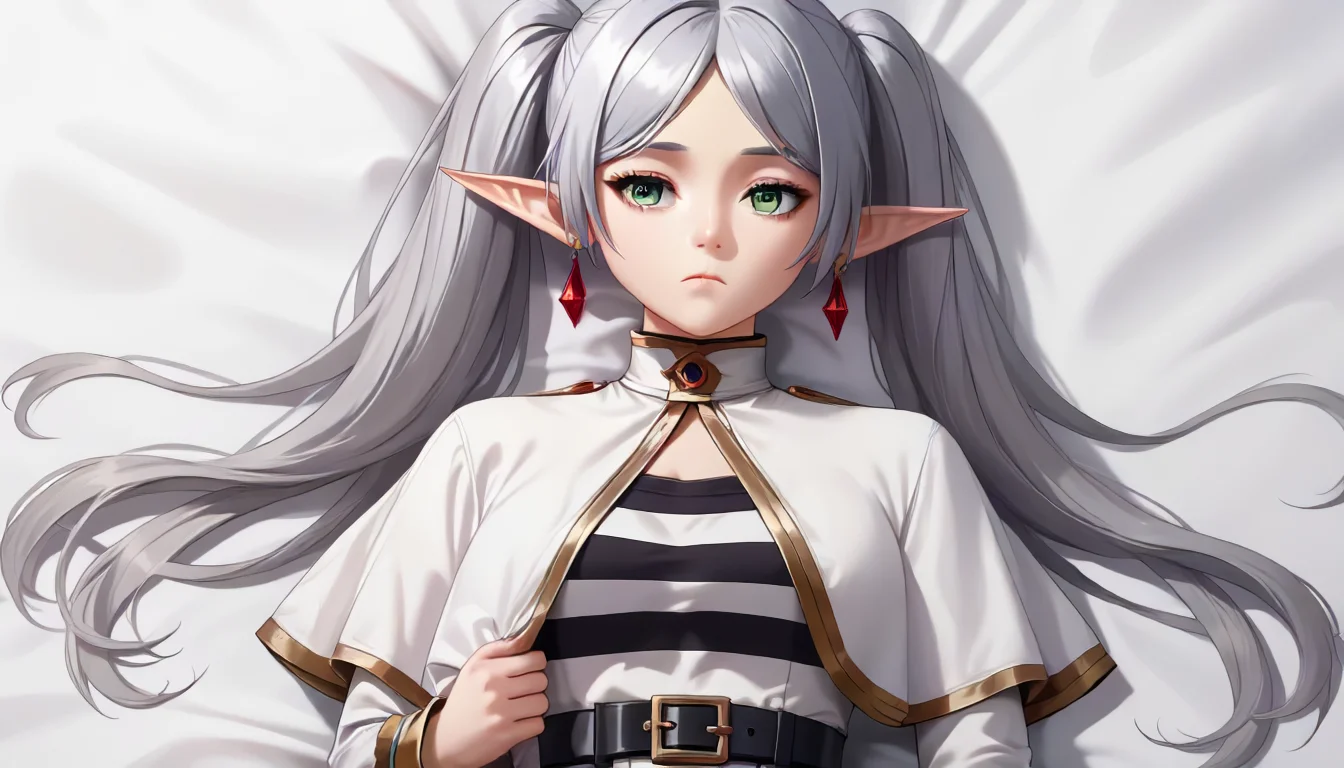 score_9,score_8_up,score_7_up,score_6_up,score_5_up,score_4_up,source_anime,(beautiful eyes),(thin),(perfect eyes),<lora:Frieren_sousou_no_frieren_pony:0.6>,frieren_sousou_no_frieren,1girl,black belt,black pantyhose,black shirt,closed mouth,dakimakura \(medium\),earrings,elf,gold trim,green eyes,grey hair,jewelry,long hair,mage staff,pantyhose,pointy ears,sheet grab,solo,striped clothes,striped shirt,twintails,two-tone shirt,white capelet,white shirt,