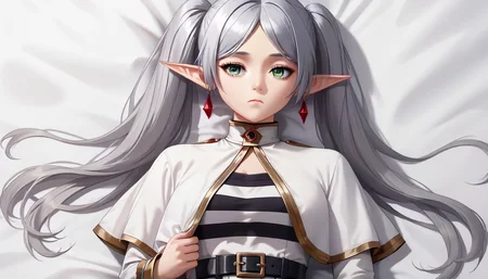 score_9,score_8_up,score_7_up,score_6_up,score_5_up,score_4_up,source_anime,(beautiful eyes),(thin),(perfect eyes),<lora:Frieren_sousou_no_frieren_pony:0.6>,frieren_sousou_no_frieren,1girl,black belt,black pantyhose,black shirt,closed mouth,dakimakura \(medium\),earrings,elf,gold trim,green eyes,grey hair,jewelry,long hair,mage staff,pantyhose,pointy ears,sheet grab,solo,striped clothes,striped shirt,twintails,two-tone shirt,white capelet,white shirt,
