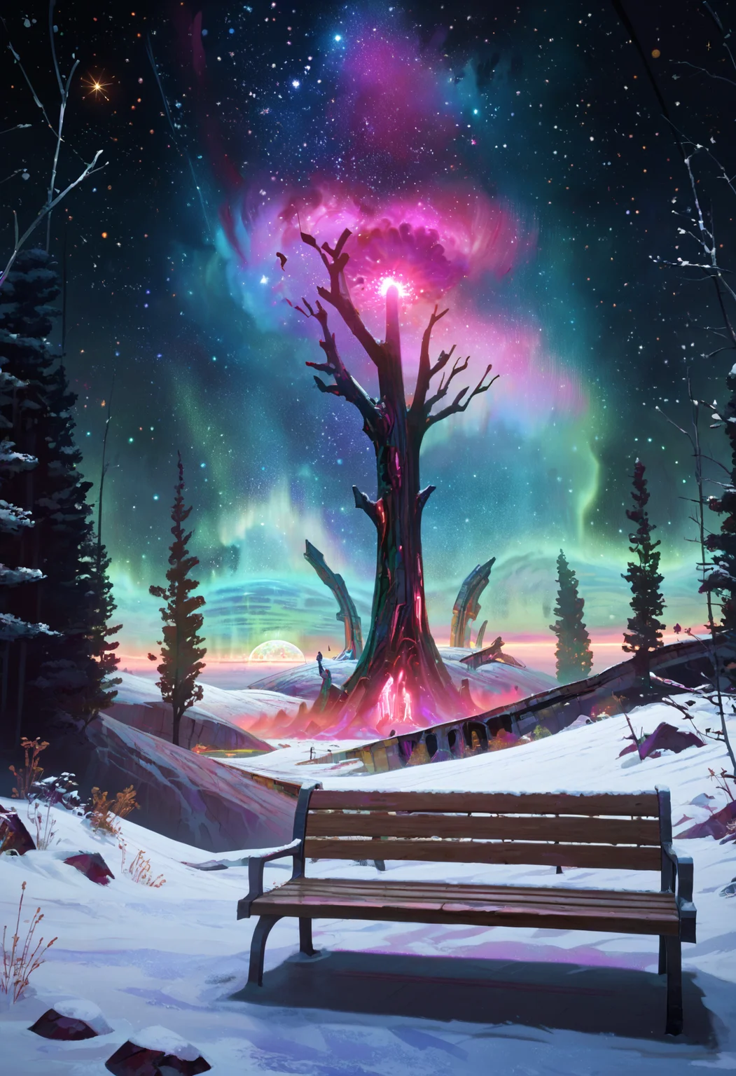 score_9, score_8_up, score_7_up,
<lora:Arcane:1> arc4n3, surreal, abstract, glowing, neon, glowing eyes, space, astral, space, stars, colored skin, see-through body, glowing hair, glowing skin,
no humans, aurora, ((sky)), night, outdoors, scenery, tree, night sky, star, snow, starry sky, bench, nature