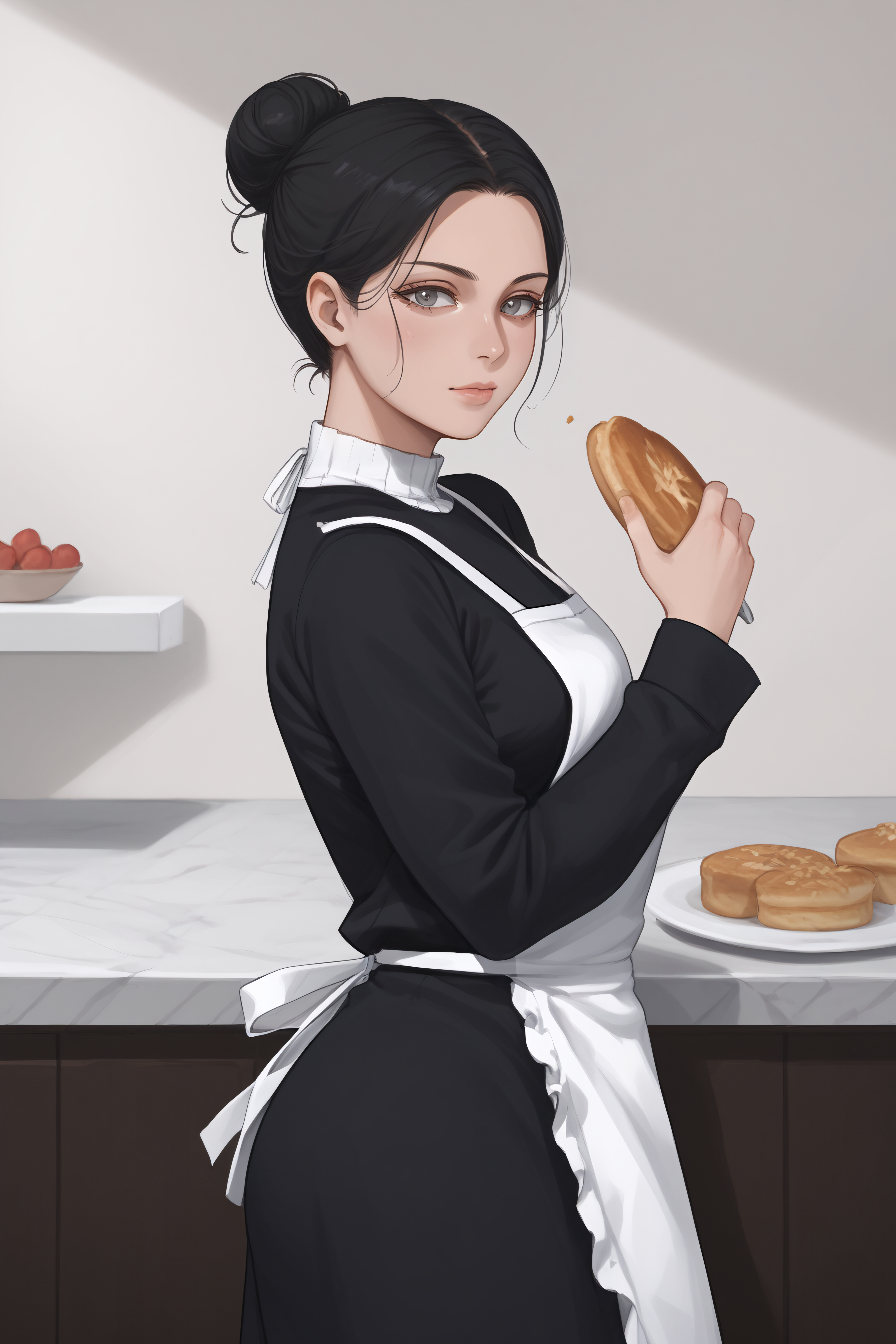score_9, score_8_up, score_7_up, BREAK source_anime, <lora:Lara Tybur-PonyXL-lora-Faxtron:1> lara tybur, grey eyes, black hair, single hair bun, medium breasts, black dress, long sleeves, apron,