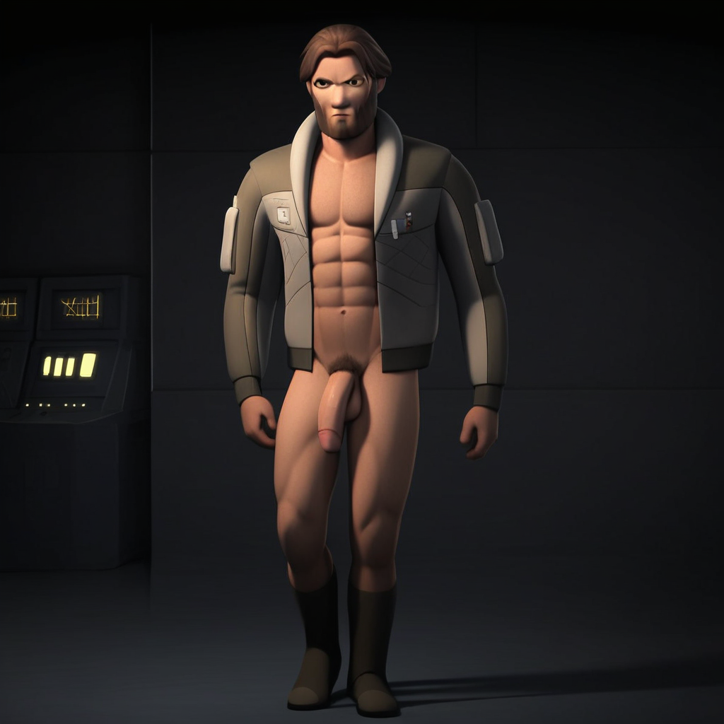 Alexsandr Kallus Rebel, 1boy, solo, male focus, brown hair, facial hair, beard, brown eyes,jacket, pubic hair, completely nude, abs, penis, balls, standing,  score_9, score_8_up, score_7_up, score_6_up <lora:vinceteaa_020_04v2-step00000400r:1> good face, good eyes, looking at viewer, full body, standing,