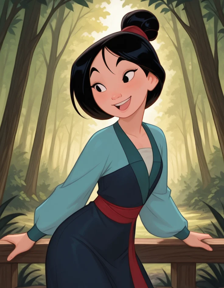 masterpiece, best quality, amazing quality, very aesthetic, absurdres, newest, detailed background, cowboy shot, 4k, 8k, forest,
mulanxd, solo, black hair, smile, black eyes, single hair bun, hair bun, 1girl, open mouth, upper body
<lora:Mulan_-_Disney_Illustrious:1>