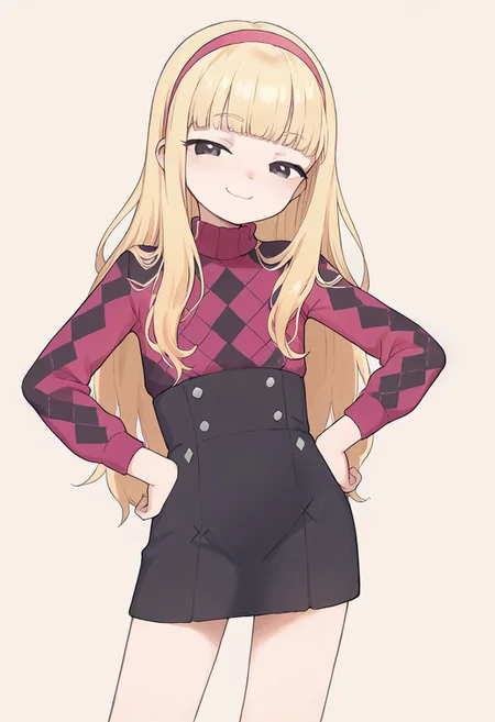 score_9, score_8_up, score_7_up, score_6_up, 
1girl, kendall perkins, blonde hair, blunt bangs, black eyes, long hair, pink hairband, argyle sweater, long sleeves, black skirt, perfect hands, smug, posing, flat chest, solo, simple background, half closed eyes, hands on hips