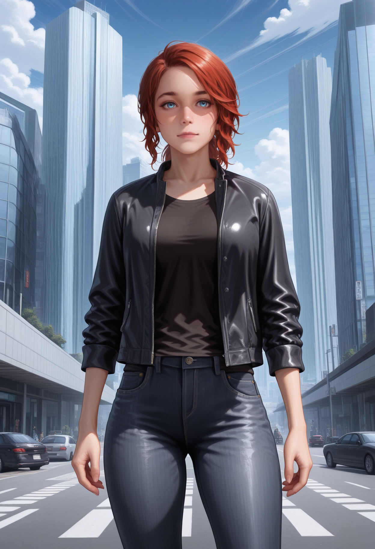 masterpiece, best quality, amazing quality,j3ss3, <lora:jesseFaden_illustrious_byJaneB:1>
jeans, black shirt, jacket, (tall skyscrapers:1.3), huge buildings,