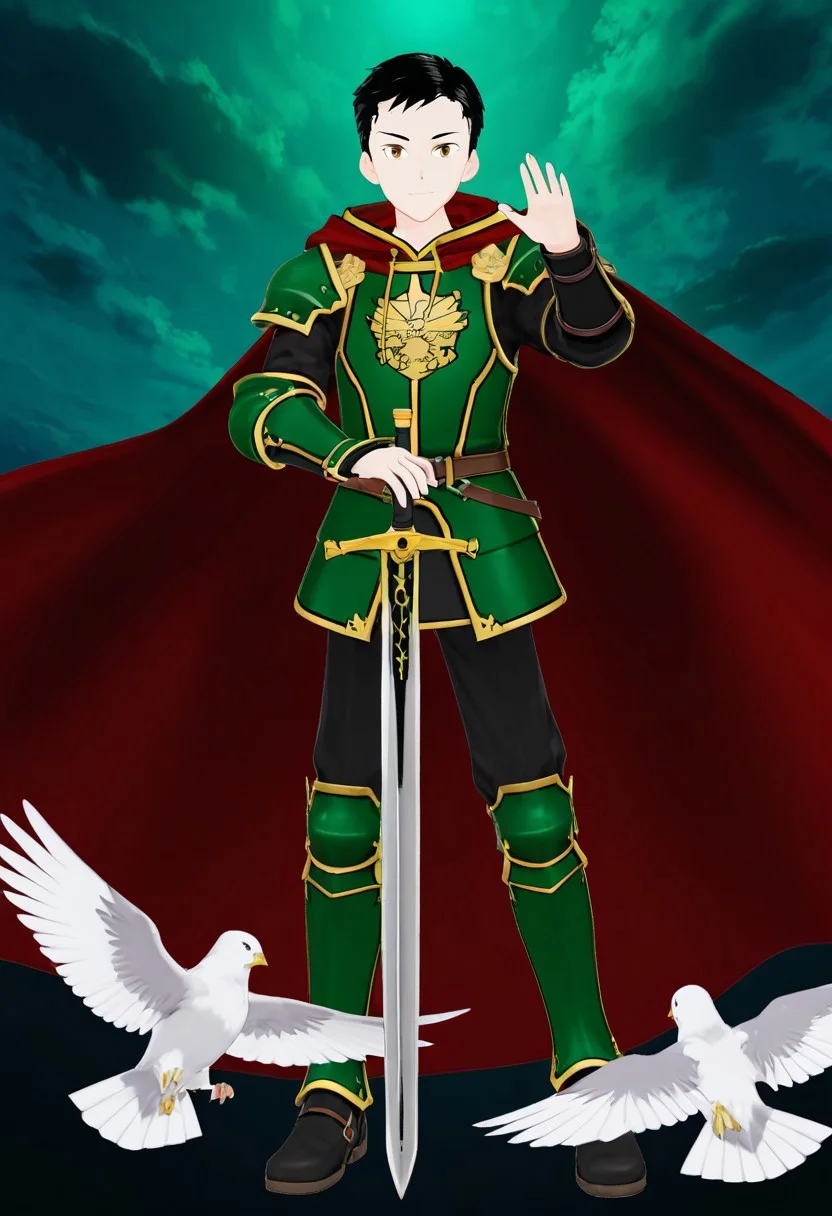 harmard, black hair, short hair, brown eyes, 1boy, solo, solo focus, young, youthful, he is dressed in a suit of dark iron platemail. Break. his right hand is holding up a black coloured sword, Properly holding the sword by the hilt, right hand up, brandishing a sword, his armour bears a crest of a yellow dove. fantasy armour. stylized silver dove emblems and symbols on armour and sheild. Break. epic background is a a beautiful palace. a strong wind is blowing his cape, green coloured armour, ready to fight pose, dawn sky in the background