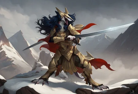 score_9, score_8_up, score_7_up, Rain Silves, yellow eyes, sergal, blue hair, furry female, solo, 1girl, open mouth, teeth, tongue out, realistic, helmet, armor, dual sword, cape, holding weapon, mountain, snow, fire