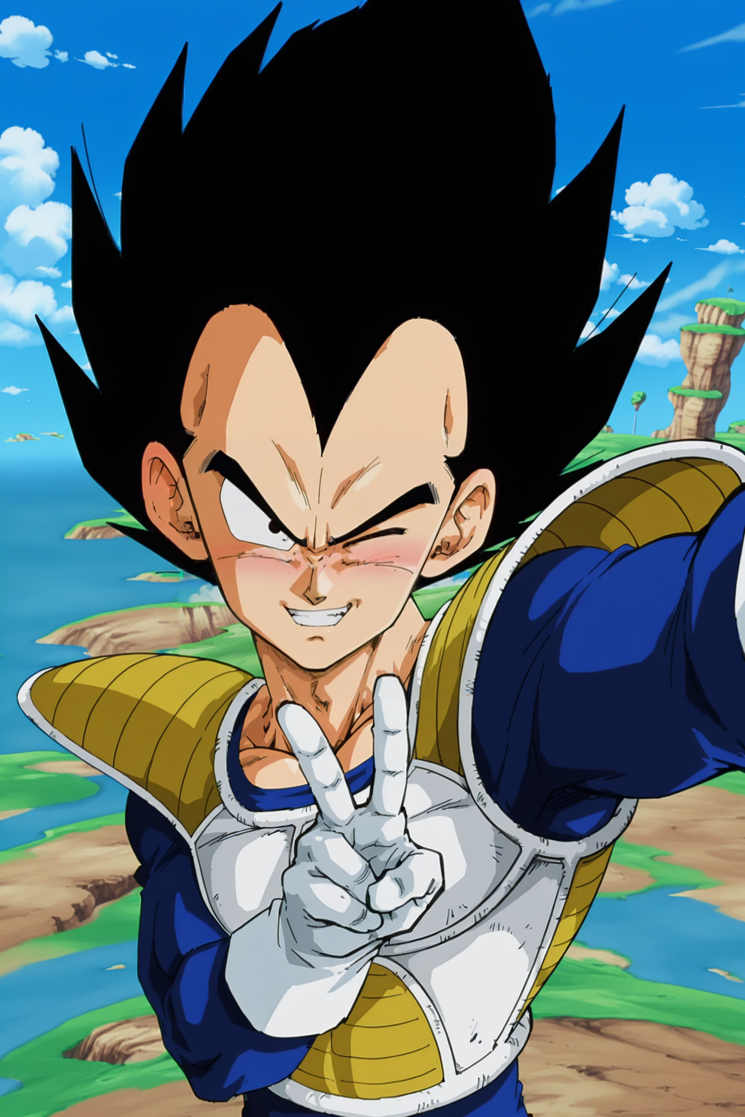 anime screencap, masterpiece, best quality, amazing quality, very aesthetic, absurdres,  newest, (scenery, volumetric lighting), official style, 
vegeta, solo, looking at viewer, smile, black hair, 1boy, upper body, male focus, outdoors, sky, teeth, day, cloud, armor, grin, black eyes, blue sky, muscular, spiked hair, saiyan armor, blue bodysuit, white gloves, selfie, from above, happy, embarrassed, blush, one eye closed, v, 
 <lora:Vegeta_IL:0.8>