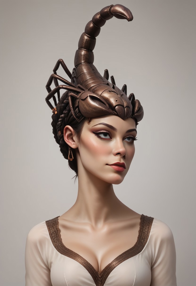 score_9, score_8_up, score_7_up, rating_safe, concept art, semi-realistic, 1girl, solo. 
Sexy body, Sexy face. (Big breast), (Round breast).
Scorpion braid, Scorpion hat