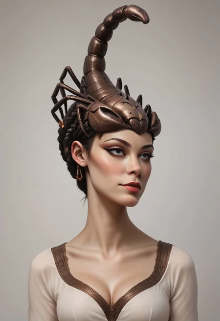 score_9, score_8_up, score_7_up, rating_safe, concept art, semi-realistic, 1girl, solo. 
Sexy body, Sexy face. (Big breast), (Round breast).
Scorpion braid, Scorpion hat