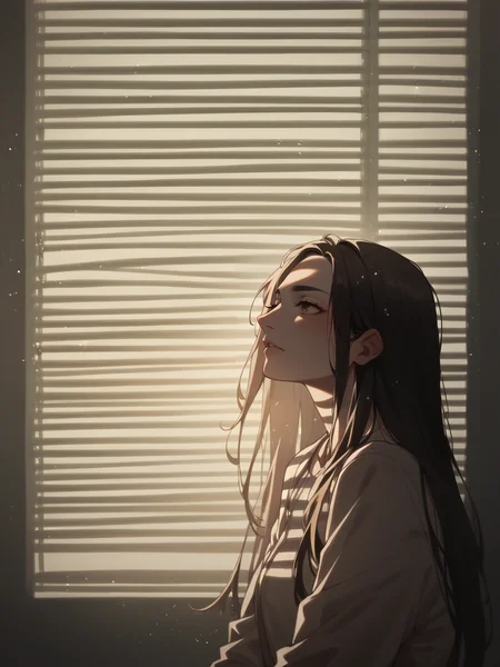 score_9, score_8_up, score_7_up, score_6_up, score_5_up, score_4_up, <lora:V3n3t14nXLP2:1> v3n3t14n, venetian blinds lighting, low light, dark room, lined lighting, long hair, 1girl, light particles,