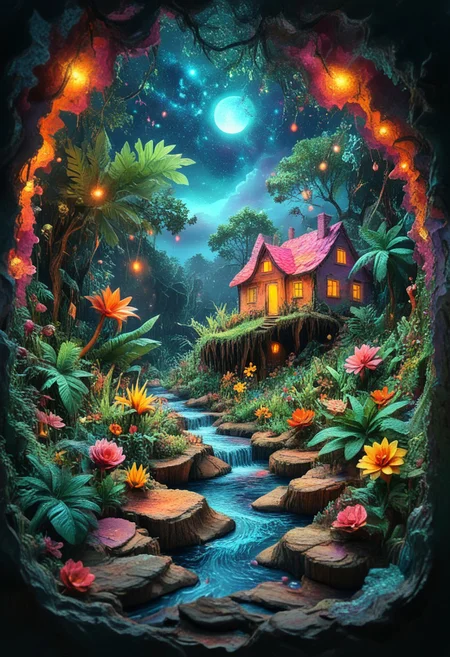 wide landscape view, fantastic HT scene, starry sky. huge jungle, Overgrown plants, flowers,
Twisted, original tree root system, cottage, river
high contrast, stylized, clear, surreal, ultra quality , 8k, best quality, masterpiece, textural, artistic, midjourneyv6.1, Colorful Chaos Cracks and Drops, surr, psychedelicv2lora, colorful, abstract, psychvibes artstyle, Papercut