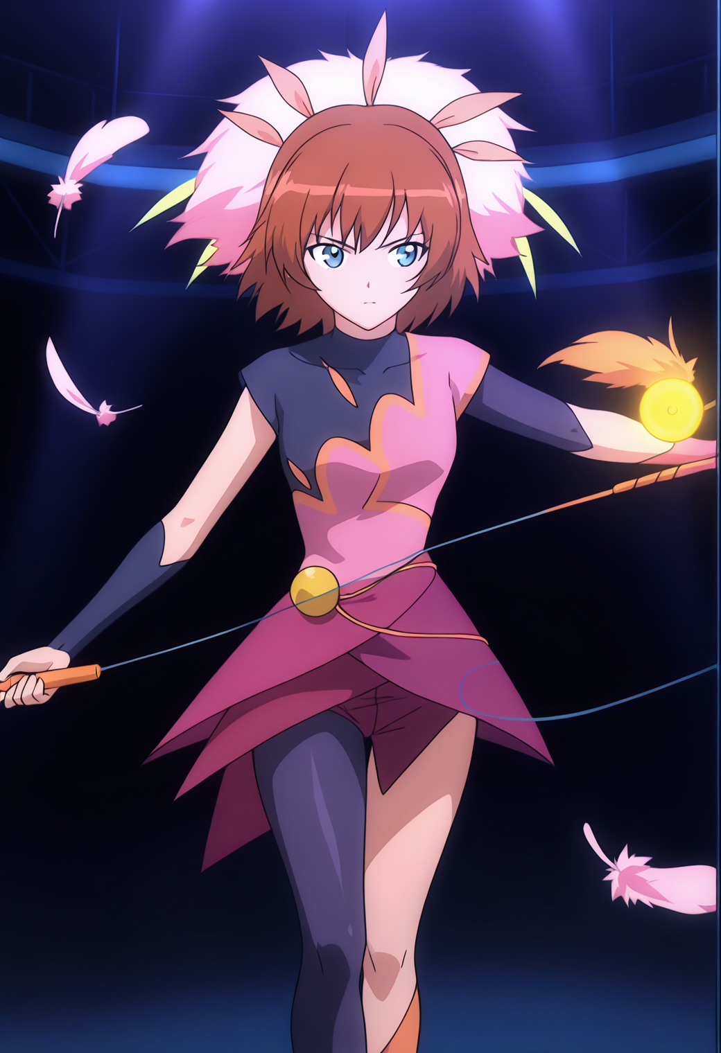 masterpiece, best quality, very aesthetic, absurdres, 1girl, solo,
<lora:rosetta_passel_v02:0.9>, rosetta_passel, rosetta_stage, brown hair, short hair, blue eyes,
feathers, asymmetrical clothes, single sleeve, single elbow gloves, single leg pantyhose, asymmetrical legwear, diabolo, juggling