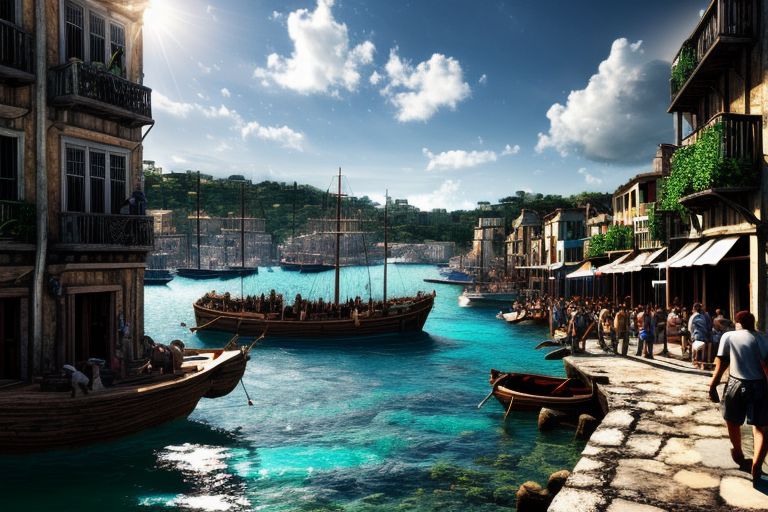 (masterpiece:1.2), (best quality,:1.2), 8k, HDR, ultra detailed, ((photorealistic)), perfect anatomy, professional light, cinematic lighting, fashion photography, ambient lighting, pire, ships, pier, outside a tavern over looking a busy harbor in the caribbean, noon