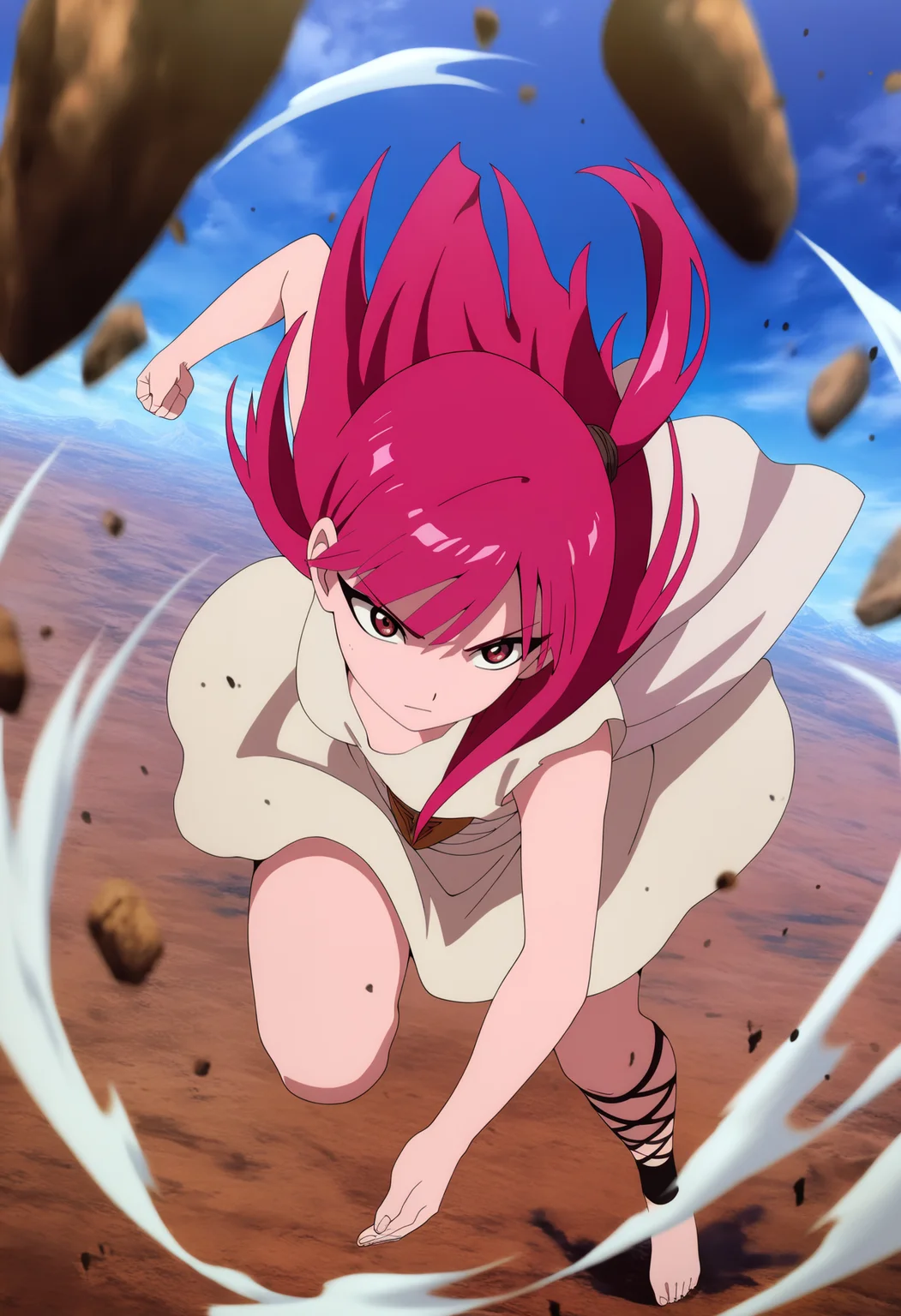 masterpiece, best quality, very aesthetic, absurdres,
morgiana, 1girl, dynamic angle, from above, running fighting stance, attack battle form, floating debris dust stones winds, official art, full body, Bold line, red hair, one side up, red eyes, dress, full body, ankle lace-up, barefoot <lora:MorgianaNoobXL_byKonan:1>