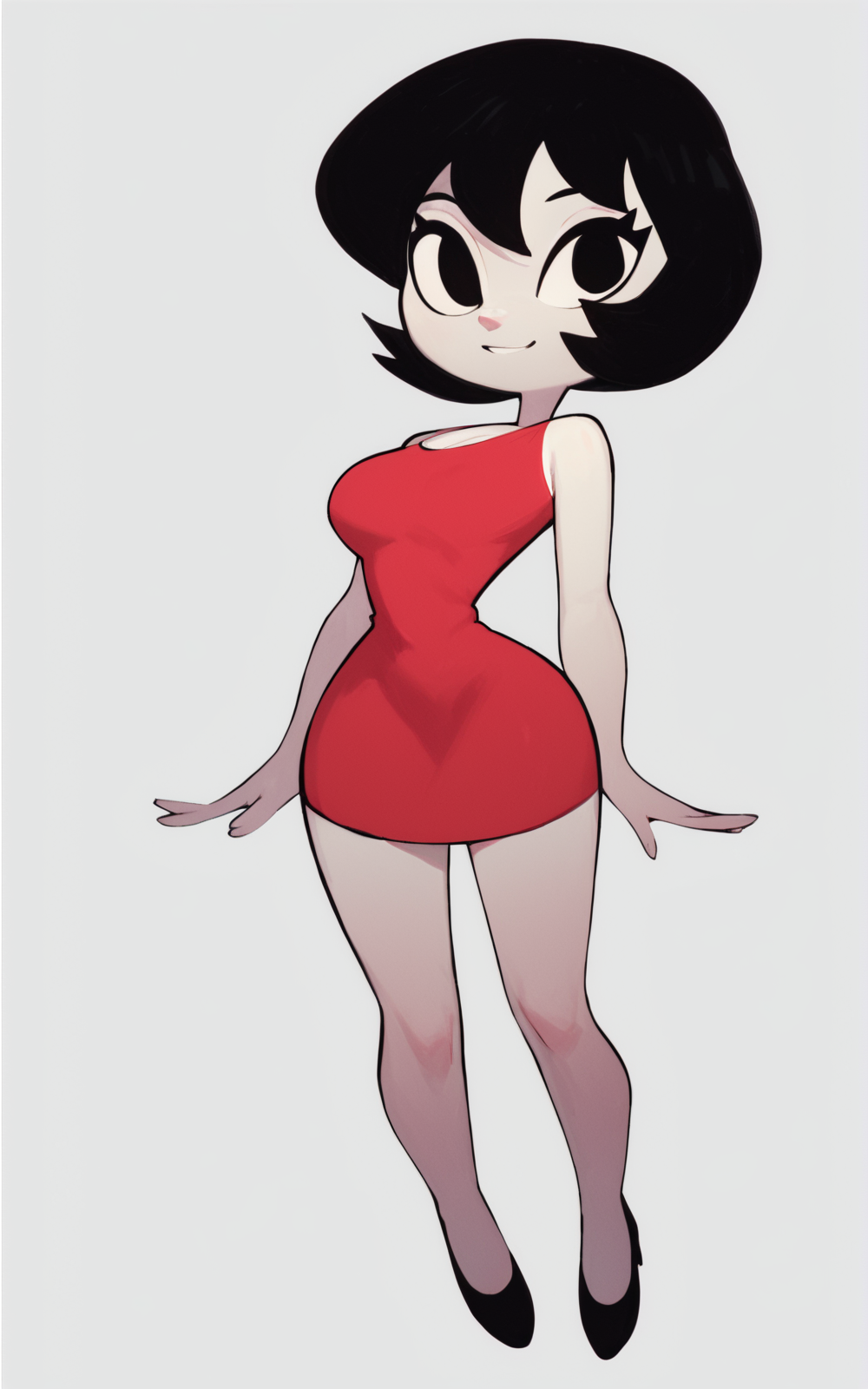 score_9, score_8_up, score_7_up,((best quality)), absurdres,((full body)),  <lora:3d-2d:0.8>,   <lora:JucikaPXL:0.8>,JucikaPXL,breasts, short hair, black hair, black eyes, white skin,red dress, short dress,white background,slim