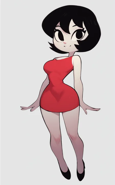 score_9, score_8_up, score_7_up,((best quality)), absurdres,((full body)),  <lora:3d-2d:0.8>,   <lora:JucikaPXL:0.8>,JucikaPXL,breasts, short hair, black hair, black eyes, white skin,red dress, short dress,white background,slim