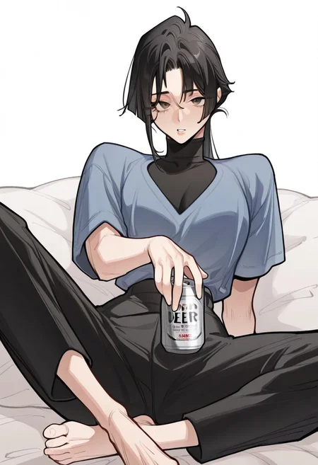 best quality, detailed face, detailed eyes, , solo, 
by trangtora
1girl, barefoot, beer can, black hair, black pants, black shirt, blue shirt, blunt bangs, brown eyes, can, drink can, holding, holding can, long hair, looking at viewer, pants, parted lips, shirt, short sleeves, sitting, solo, white background