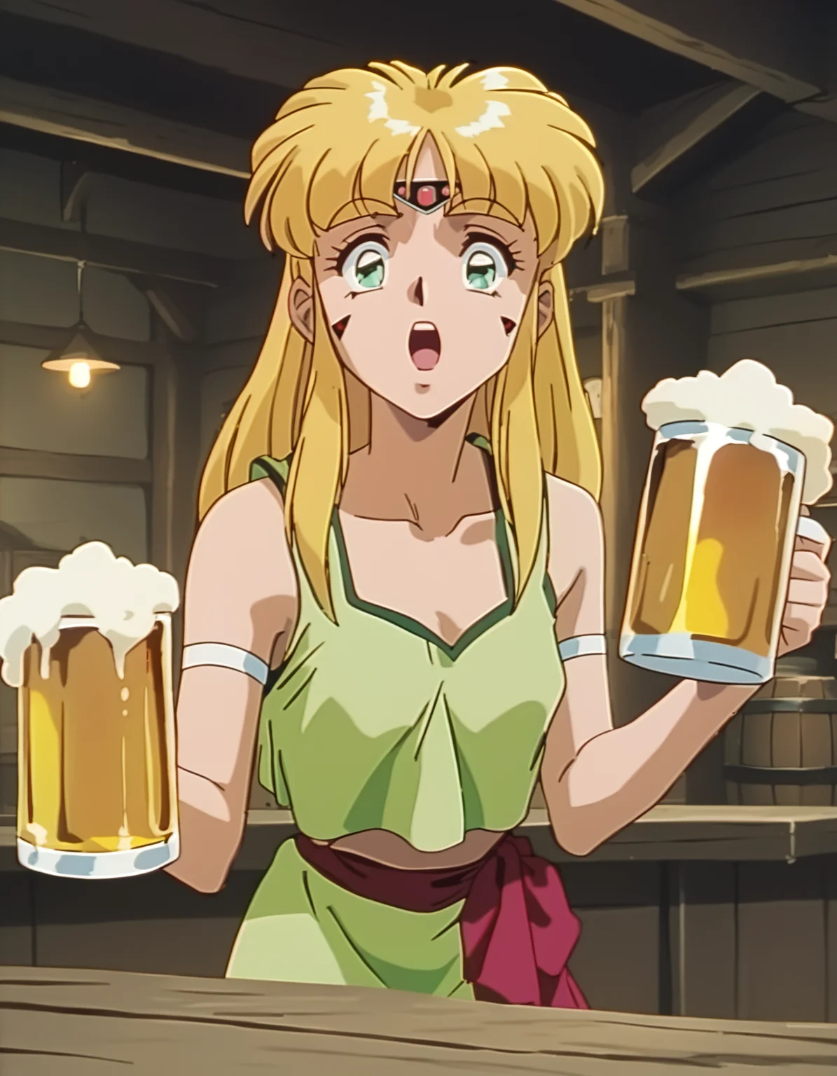 score_9, score_8_up, score_7_up, source_anime, <lora:karisu-ponyxl:0.9> karisu, facial mark, forehead jewel, tank top,
1girl, solo, beer, excited, tavern