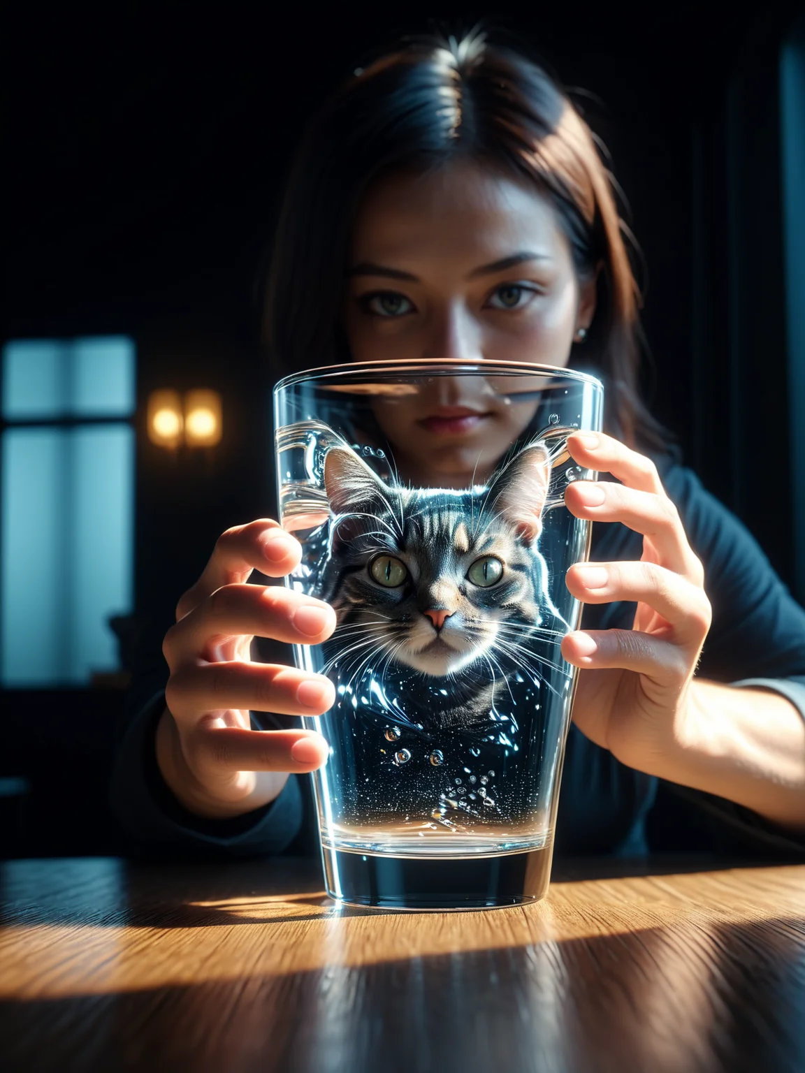 woman holding water glass, mad-spklgwtr cat<lora:Sparkling_Water_SDXL:0.9>, masterpiece, best quality, ultra high res, (photorealistic, realistic:1.2), deep shadow, raw photo, film grain, Fujifilm XT3, 8k uhd, dslr