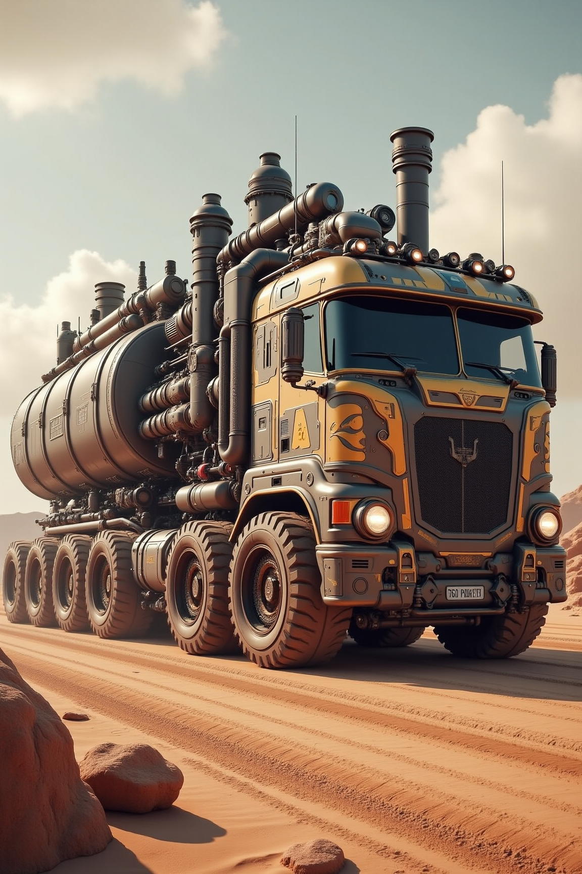 YFG-R1gs, A vintage, steam-powered semi-truck, heavily modified with futuristic enhancements, chugs along a dusty desert road. The truck's massive steam engine, fueled by bio-waste, powers its heavy wheels. The truck's cargo bay is filled with salvaged technology and rare artifacts. The vehicle's crew, a ragtag group of scavengers, brave the dangers of the post-apocalyptic world. The surrounding desert landscape is a testament to the resilience of humanity.
