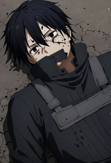 high resolution, professional photography, best quality, 1Boy, Kirigaya Kazuto, Black Hair, Black Eyes, overalldetail, lying down, conquered, hurt, dying, battered, blank stare, bruised