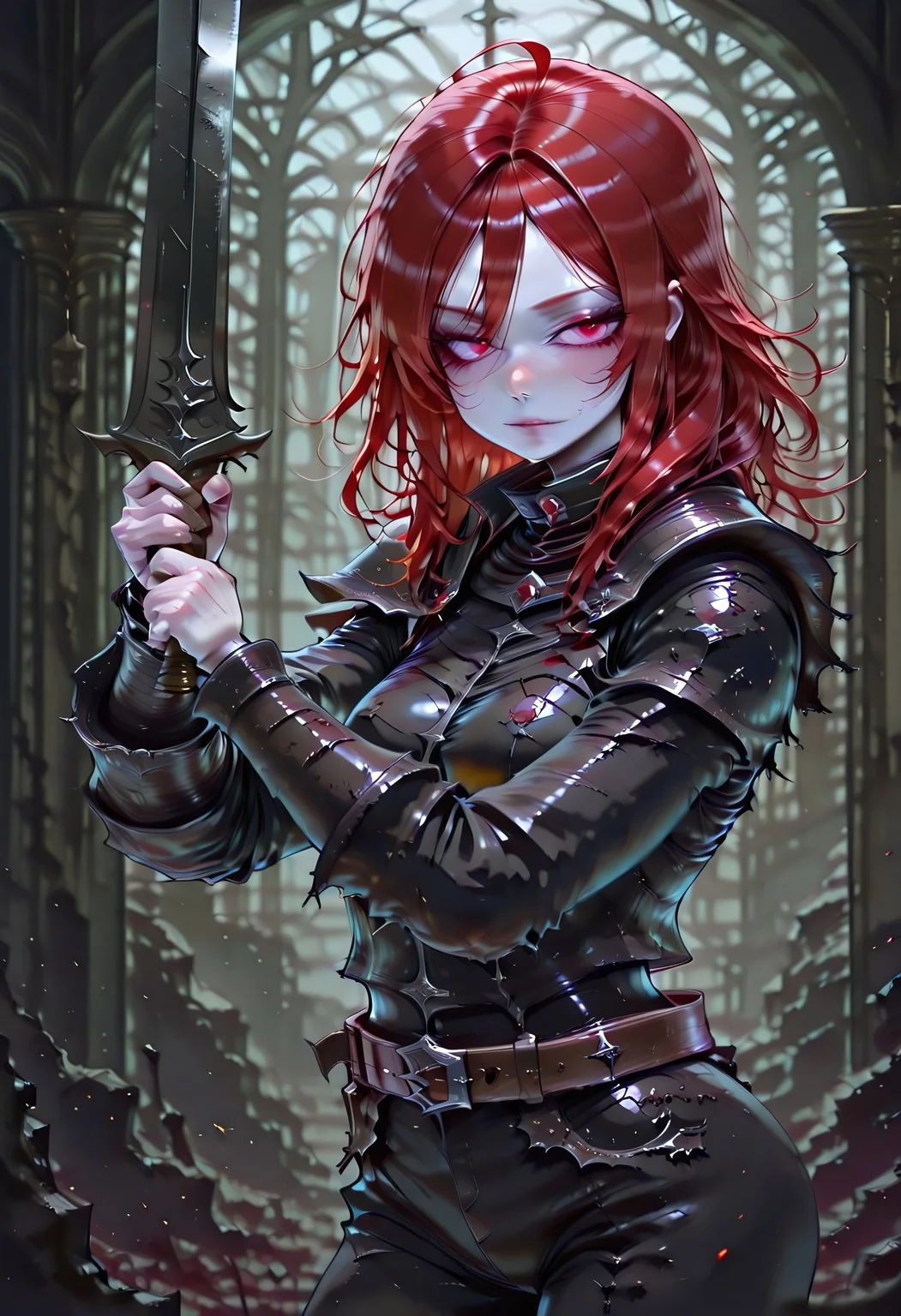 masterpiece, best quality, highres, absurdres, amazing quality, high resolution,
Red Eyes, Red Hair, pale skin, Black Medieval Armor, leather straps
curved blade
holding weapon two-handed,