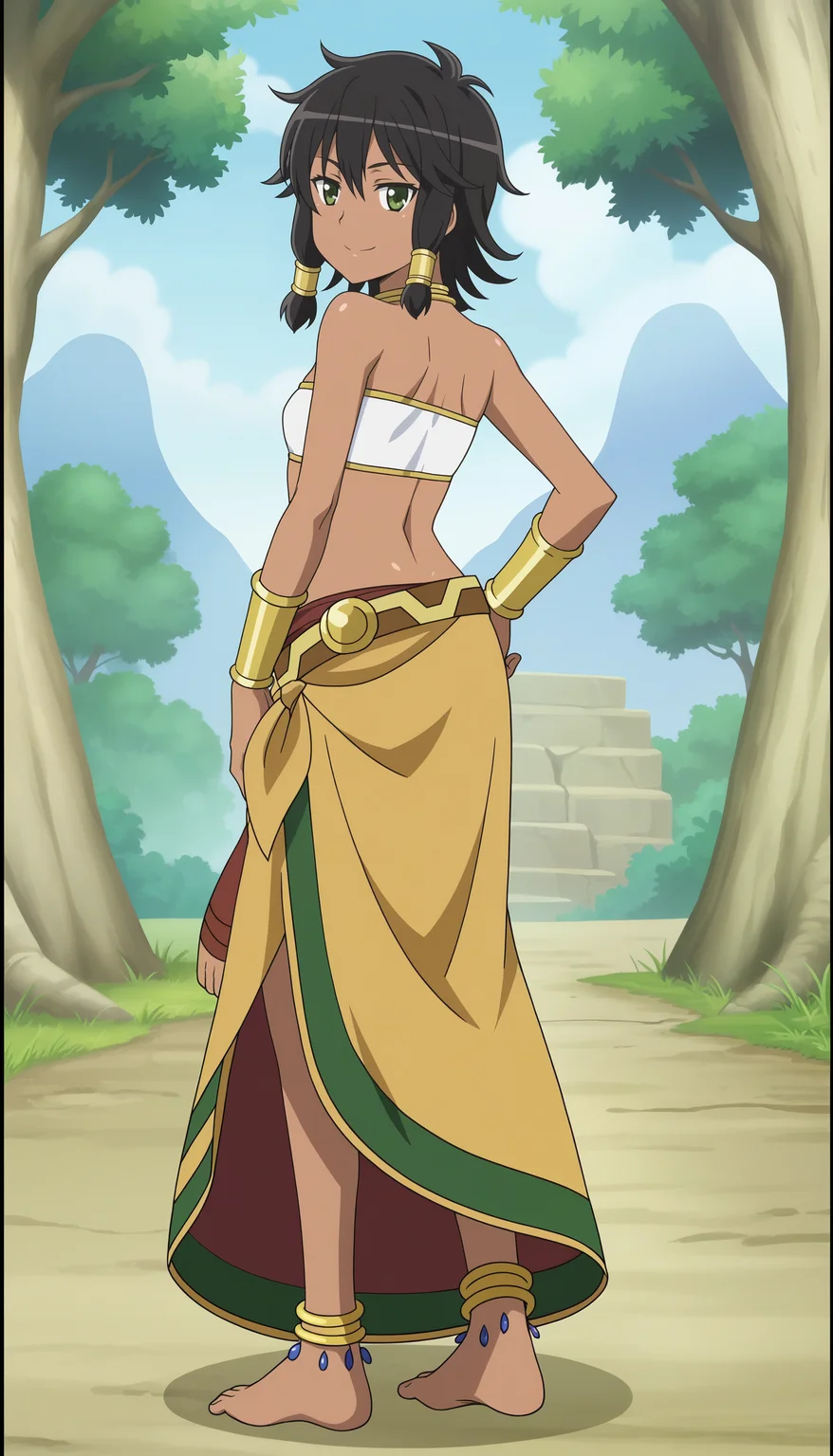 outdoors,nature,
<lora:TionaXL:0.7>,tionasdxl, hair tubes, dark-skinned female, 1girl,solo, neck ring, black hair, bracer, bandeau, short hair, smile, belt, bare shoulders, skirt, looking at viewer, small breasts, green eyes,standing, from behind, looking back,hand on own hip,long skirt, full body, anklet, barefoot,
anime screencap, anime coloring, official art,