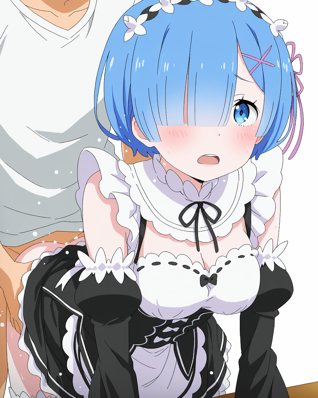 1girl, solo focus, rem \(re:zero\),blue hair,one eye covered,short hair,hair pink ribbon,maid headdress,roswaal mansion maid uniform,maid apron,detached sleeves,ribbon-trimmed clothes, tomu \(tomubobu\), doggystyle, sex, sex from behind, 1boy, looking at viewer, cowboy shot, simple background, white background, masterpiece, best quality, very aesthetic, absurdres