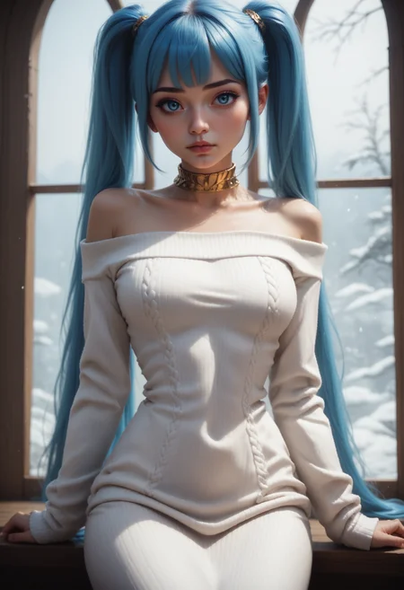 score_9, score_8_up, score_7_up, 1girl, solo, sexy sweater dress, white dress, long sleeves, bare shoulders, scoop neck, gold choker, <lora:Dark_Somi_Pony_v0.1:0.5> d4rks0m1, long blue hair, twintails, blue eyes,