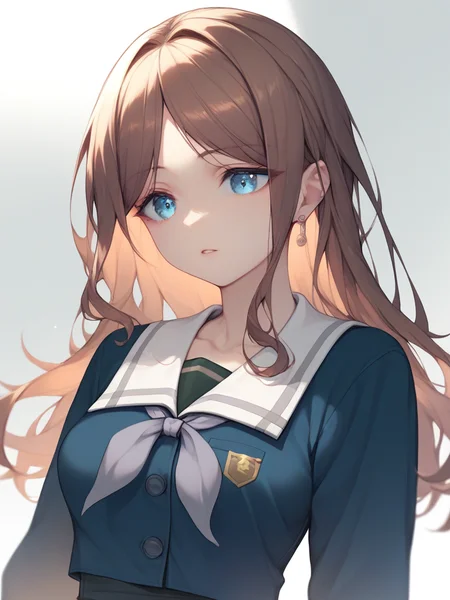 score_9,score_8_up,score_7_up,<lora:mygo:1>,nagasaki soyo, long hair, brown hair, parted bangs, blue eyes, earrings, medium breasts, large breasts, long sleeves, white shirt, blue shirt, pleated skirt, white dress, collared shirt, tsukinomori school uniform, white sailor collar, parted lips, collarbone, grey neckerchief