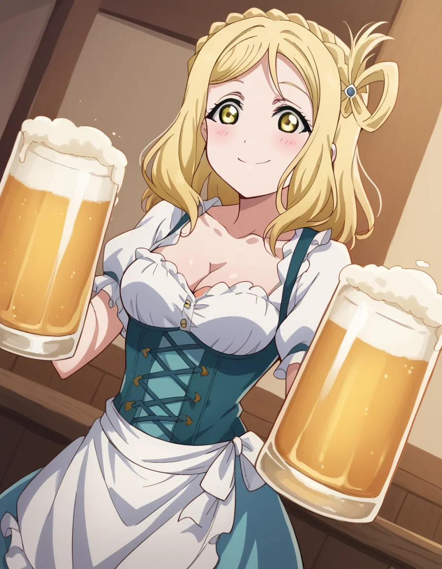 score_9, score_8_up, score_7_up, source_anime, <lora:mari-ohara-s2-ponyxl-lora-nochekaiser:1>, mari ohara, long hair, bangs, blonde hair, hair ornament, yellow eyes, braid, medium hair, hair rings, crown braid,, <lora:dirndl-ponyxl-lora-nochekaiser:1>, dirndl, german clothes, beer mug, collarbone, cleavage, beer, underbust, waist apron,, indoors, bar, smile, blush,, , cowboy shot, dutch angle
