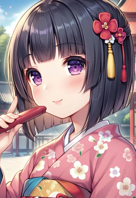 score_9, score_8_up, score_7_up, source_anime, 
detailed eyes, eye reflection,
shigure, black hair, bangs, blunt bangs, purple eyes,
short hair, hair ornament, hair flower, japanese clothes, kimono, pink kimono, print kimono, floral print, flower, long sleeves, wide sleeves, obi, tabi, socks, white socks, sandals, brown footwear,
outdoors, new year,
1girl, blush, smile,