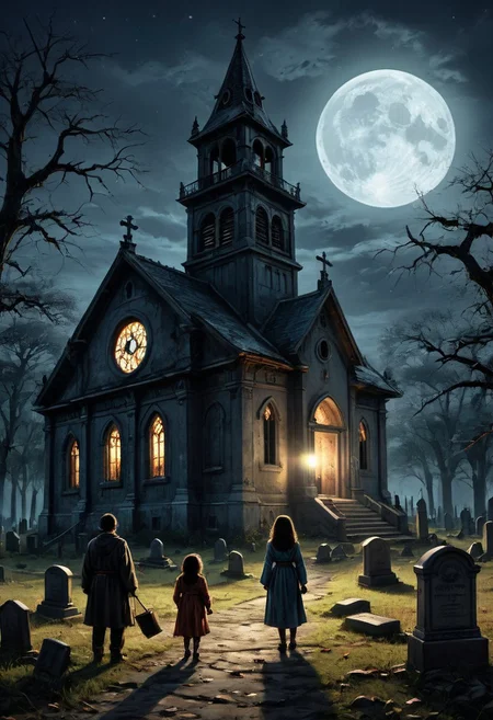 masterpiece, best quality,
digital artwork of creepy old church, 3 kids in Halloween costumes holding flash lights,
japanesehorrorclassics, 
horror scene,
full moon, night, cosmic rays, haunted place, abandoned old church, graveyard, giant bell tower, wide shot, old trees, forest background, tombstones, scary, paranoia, feeling like someone is watching you, ruined, dirty, cemetery, fear, dread, 
(low angle:1.3), focus on old tower,
cinematic, horror, creepy atmosphere, intricate, detailed, rays of light,