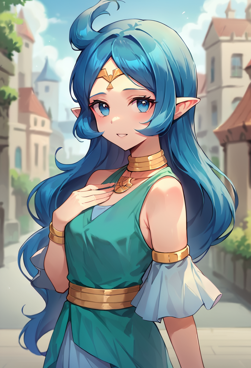 score_9, score_8_up, score_7_up, masterpiece, source_anime, 1girl, ct_nayru, long hair, blue hair, ahoge, blue eyes, gold circlet, choker, gold necklace, dress, gold bracelet, armlet, looking at viewer, outdoors, depth of field, city,  <lora:Nayru_Pony_ct:1>
