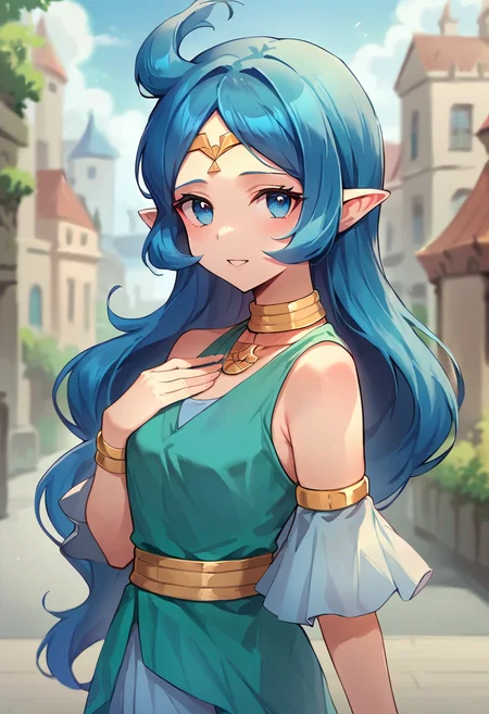 score_9, score_8_up, score_7_up, masterpiece, source_anime, 1girl, ct_nayru, long hair, blue hair, ahoge, blue eyes, gold circlet, choker, gold necklace, dress, gold bracelet, armlet, looking at viewer, outdoors, depth of field, city,  <lora:Nayru_Pony_ct:1>