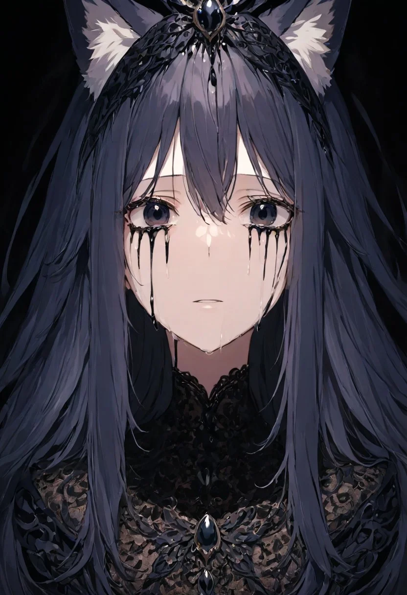(masterpiece), (best quality), source_anime+, perfect anatomy, HD, 10k res, digital_media_(artwork) hi_res, intricate, high quality, amazing quality, Expressive Face,
A fox girl with long hair, (Black Tears, Tears)
