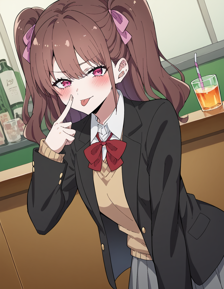 score_9, score_8_up, score_7_up, source_anime, <lora:mikari-tachibana-s1-ponyxl-lora-nochekaiser:1>, mikari tachibana, brown hair, twintails, hair ribbon, two side up, pink eyes, medium breasts, mature female,, skirt, bow, school uniform, jacket, pleated skirt, blazer, grey skirt, black blazer, sweater vest, collared shirt,, bar, drinks, stools, counter, nightlife, , <lora:akanbe-ponyxl-lora-nochekaiser:1>, akanbe, eyelid pull, finger to eye, tongue out, :p, tongue, ;p, blush, leaning forward, bent over, from side,, looking at viewer, solo,, dutch angle, cowboy shot