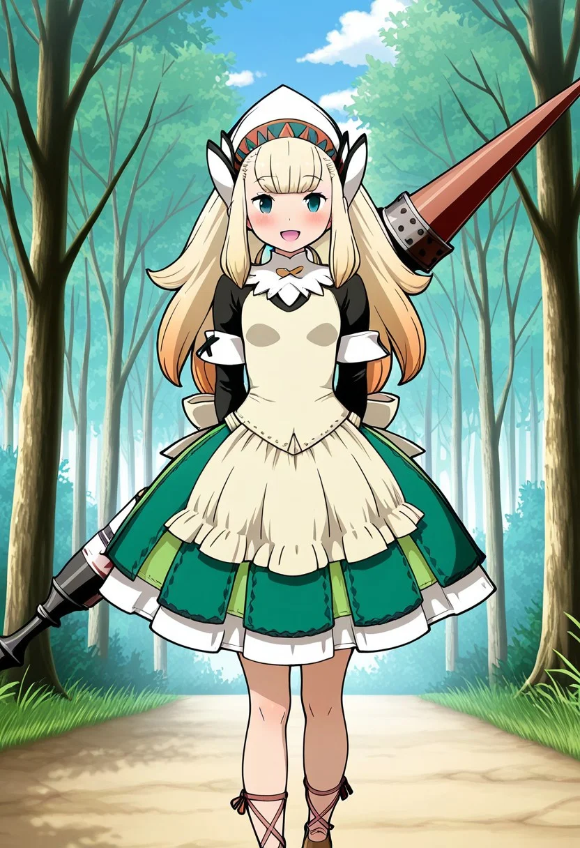 bravely_default_(series),monster_hunter_(series),masterpiece,anime_coloring,anime_clothing,amazing_quality,1girl,blonde_hair.long_hair,Helper_clothes, apron, green dress, long sleeves, dress, frilled apron, head scarf, waist apron, puffy sleeves, cross-laced footwear, brown footwear ,solo,blush cheek,smile,open mouth,close-up face,weapon_on_back,lance,polearm, forest,day sky,