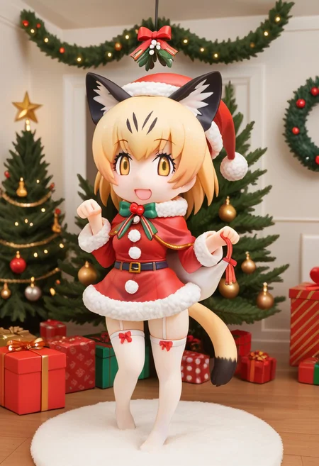 1girl, ((solo)), best quality, ultra-detailed, extremely detailed, perfect anatomy, masterpiece, score_9, score_8_up, score_7_up, Expressiveh, sand cat \(kemono friends\), 1girl, cat girl, cat ears, blonde hair, short hair, yellow eyes, cat tail, christmas tree, christmas decoration, christmas ornaments, underneath Christmas tree background, indoors, santa cosplay, santa outfit, santa hat, santa's sack, Christmas outfit, giant sack of presents, fully clothed, Christmas themed thighhighs, thighhighs, santa's sack of presents, red ribbon collar, Christmas presents, Christmas themed, living room, fireplace, (chibi), looking at viewer, smiling, eager, excited, happy, cute, adorable, surprised, hearts, shaking hips, hip sway, swaying hips, tail movement, tail_accessory, mistletoe_on_tail, mistletoe, dynamic lighting, looking at viewer, standing, standing on one foot, posing, paw pose,
