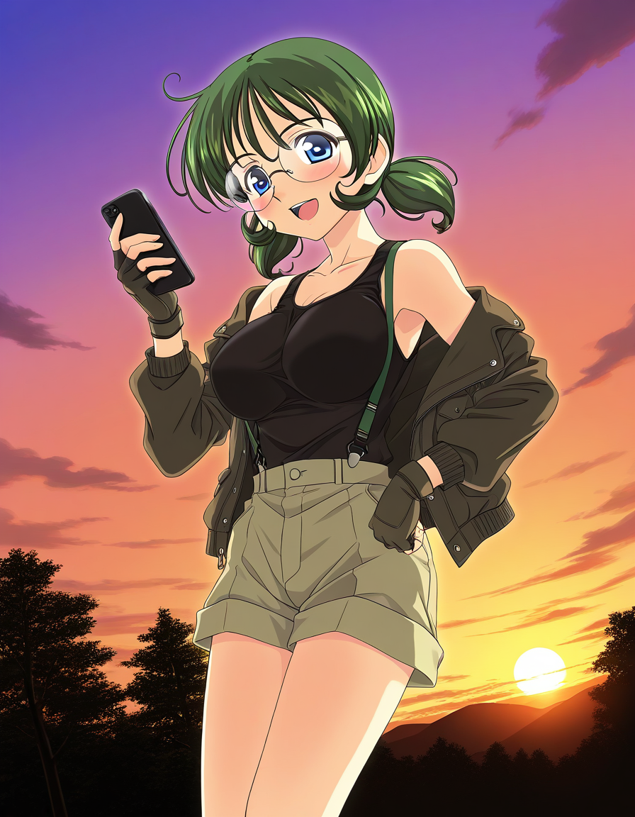 general,highres, ultra-detailed,very aesthetic,best quality ,best hands,  BREAK <lora:Sakurako_Spiral_NAMI_IS:1>Sakurako, solo, glasses, green hair, blue eyes, twintails, short hair, large breasts, smile, open mouth, gloves, shorts, fingerless gloves, tank top, phone, jacket, suspenders, sunset, outdoor, sky,