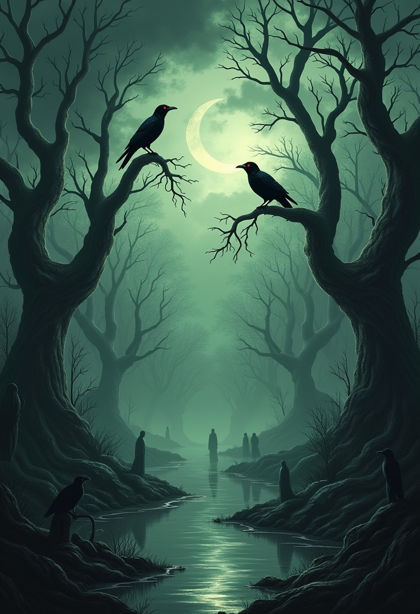 Generate a breathtaking cinematic poster of a surreal dark fantasy forest, where twisted, skeletal trees reach skyward, their bark a mix of deep charcoal and ghostly white. The trees emit a faint, sickly green glow, as if alive with a malevolent energy. A crescent moon struggles to shine through the thick, churning clouds, casting an eerie, fragmented light across the scene. The air is thick with rolling, silver mist that clings to the forest floor, obscuring what lies beneath. In the shadows, spectral figures drift silently, barely visible through the haze. The sky above is a tumultuous swirl of dark greys and muted purples, with flashes of dim lightning illuminating hidden shapes in the clouds. Black crows with blood-red eyes silently watch from the branches, their presence adding to the unnerving silence. The reflection of this chaotic scene shimmers unnaturally on the surface of a dark, stagnant pond at the center of the forest, rippling as if disturbed by unseen forces. The overall atmosphere is one of dread and mystery, with a dark, cinematic quality that evokes both fear and wonder