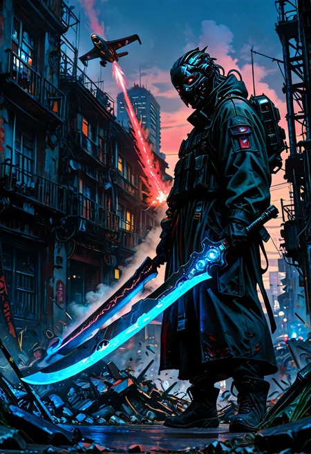 masterwork, masterpiece, amazing quality, best quality, detailed, depth of field, high detail, very aesthetic, 8k, high resolution, photorealistic, realistic skin, realistic anatomy, good anatomy,
matte digital painting, line art,ink art, meticulous shading, 3d shading,
deep colour, high contrast, hyperdetailed, sharp edges, precise, clear focus, detailed face, face focus, sideview, wide shot, looking at viewer,
dynamic image of a woman, soldier, enigmatic, (glowing red eyes), wearing a matte black modular suit of armor, molded armour, high-tech combat armour, futuristic, holding a futuristic naginata (blue glowing blade:1.5), good hands, ready to fight, standing tall, black face mask,fighting in the streets of a futuristic city, gritty, urban warfare, damaged futuristic buildings, debris,
alien fighter planes overhead, firing missiles, night sky, distant fires, smoky sky,
emwv2-illu