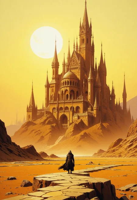 Imagine a surreal, post-apocalyptic landscape with a towering, gothic castle in the background. The castle, with its intricate spires and arches, is bathed in a warm, golden light, casting long shadows on the ground. The sky is a gradient of soft yellows and oranges, creating a dreamlike atmosphere. The ground below is cracked and barren, with deep fissures running across the dry, arid terrain. In the foreground, a lone figure stands, dressed in a dark, flowing cloak and hood, their identity obscured. The figure is small in comparison to the vast, desolate landscape. The overall color palette is dominated by warm, earthy tones, with the exception of the stark contrast of the figure's dark attire. The texture of the ground is rough and cracked, while the castle's stone walls have a smooth, polished appearance. The image is reminiscent of a fantasy or science fiction setting, with a blend of medieval and futuristic elements, creating a haunting and otherworldly scene. white sphere on the background