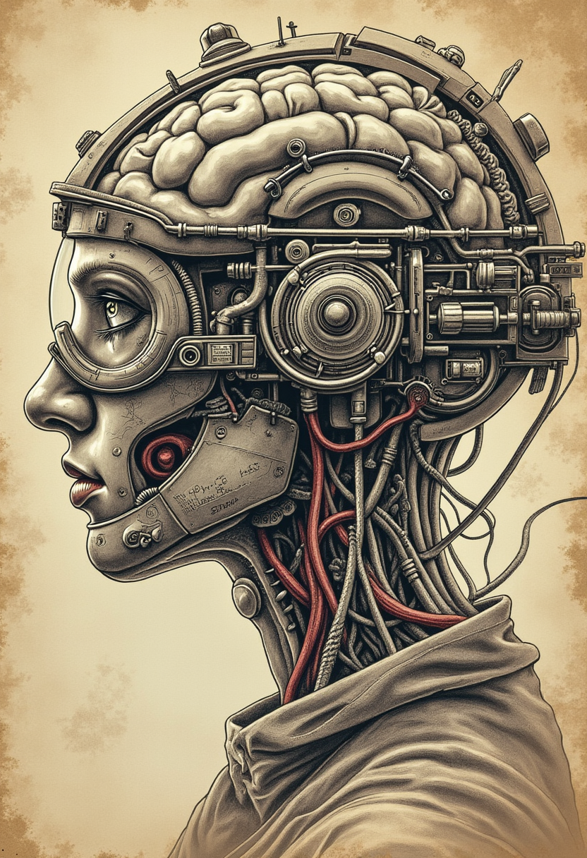 yfg-cehda A stunningly detailed and intricate black ink drawing of a steampunk-inspired anatomical scheme on parchment. The central focus is a glass cell brain, meticulously rendered with ultra-high definition, showcasing the intricate workings and connections within. Surrounding the brain are various gears, cogs, and steampunk elements, all expertly crafted and intertwined. The background features sepia tones, and the overall piece is illuminated by a soft, ethereal light. The artwork includes a detailed description of the production technology and assembly methods of each part, as well as a device and accurate parts of the body painted on the parchment. This masterpiece was created by the talented artist Chaos Experience, who shared their creative process on Civitai