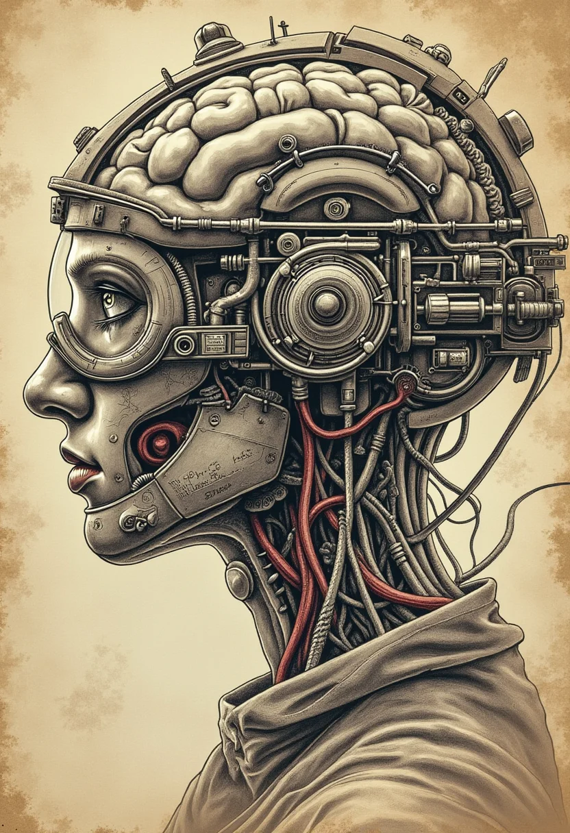 yfg-cehda A stunningly detailed and intricate black ink drawing of a steampunk-inspired anatomical scheme on parchment. The central focus is a glass cell brain, meticulously rendered with ultra-high definition, showcasing the intricate workings and connections within. Surrounding the brain are various gears, cogs, and steampunk elements, all expertly crafted and intertwined. The background features sepia tones, and the overall piece is illuminated by a soft, ethereal light. The artwork includes a detailed description of the production technology and assembly methods of each part, as well as a device and accurate parts of the body painted on the parchment. This masterpiece was created by the talented artist Chaos Experience, who shared their creative process on Civitai