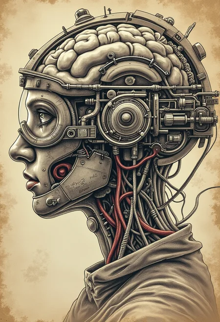 yfg-cehda A stunningly detailed and intricate black ink drawing of a steampunk-inspired anatomical scheme on parchment. The central focus is a glass cell brain, meticulously rendered with ultra-high definition, showcasing the intricate workings and connections within. Surrounding the brain are various gears, cogs, and steampunk elements, all expertly crafted and intertwined. The background features sepia tones, and the overall piece is illuminated by a soft, ethereal light. The artwork includes a detailed description of the production technology and assembly methods of each part, as well as a device and accurate parts of the body painted on the parchment. This masterpiece was created by the talented artist Chaos Experience, who shared their creative process on Civitai