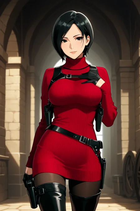 <lora:ada_wong_re_illus:0.7> ada wong, black hair, short hair, black eyes, large breasts, red sweater, turtleneck, chest harness, pantyhose, black gloves, half gloves, black belt, pistol holster, 1girl, solo, looking at viewer, smile, thighhighs, jewelry, standing, weapon, boots, belt, black footwear, lips, gun, thigh boots, bob cut, high heel boots, sweater dress, thigh holster, asian, shoulder holster, black thighhighs, anime coloring, pistol holster on belt, medieval cities, more detail, cowboy shot, hand grabbing chest,
