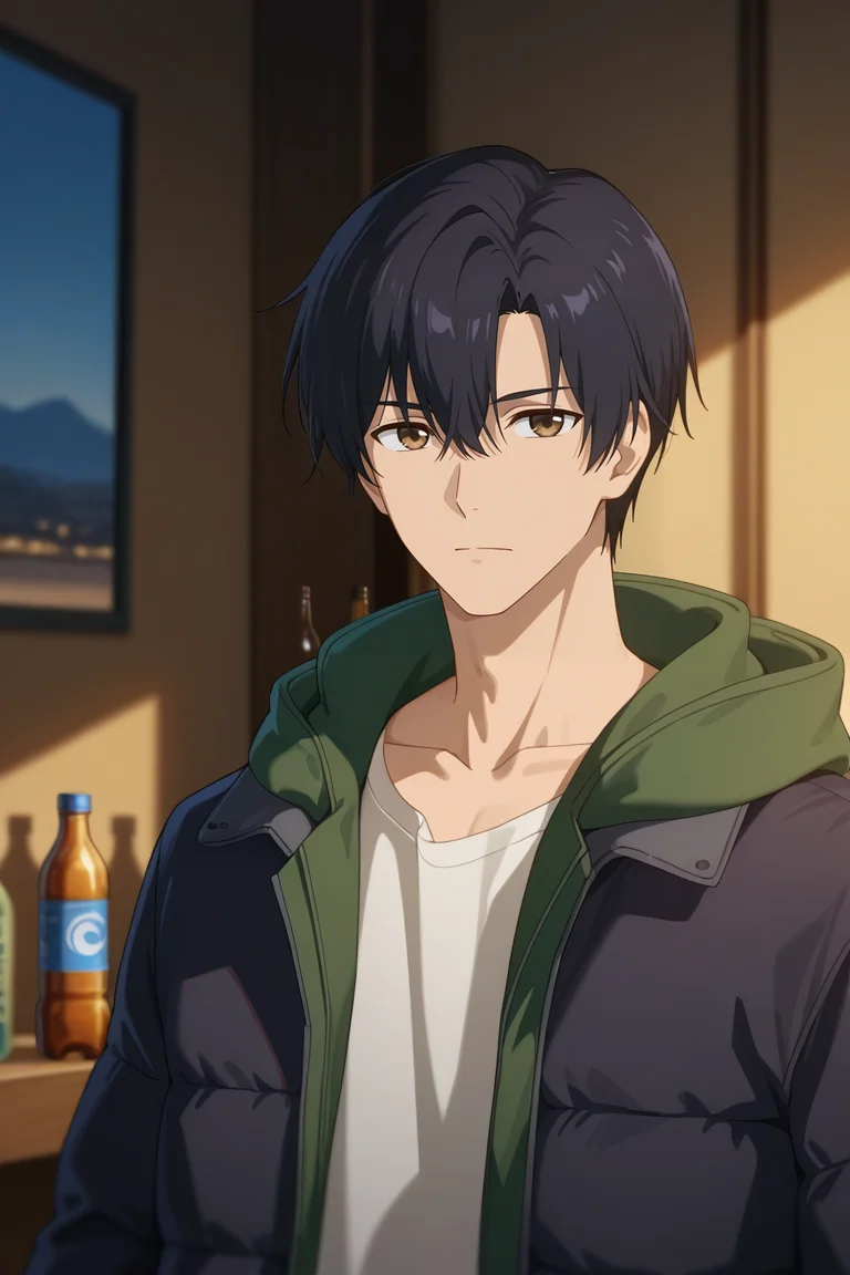 masterpiece, best quality, amazing quality, very aesthetic, high resolution, ultra-detailed, absurdres, newest, scenery, volumetric lighting, depth of field,anime screencap, , , 1boy, solo, male focus, <lora:yexiu:0.77>Ye Xiu, black hair,brown eyes, short hair,Looking at viewer, shirt, long sleeves, hair between eyes, closed mouth, black jacket, collarbone, upper body, open clothes, indoors,green hood,puffer jacket, hood down, bottle, hooded jacket