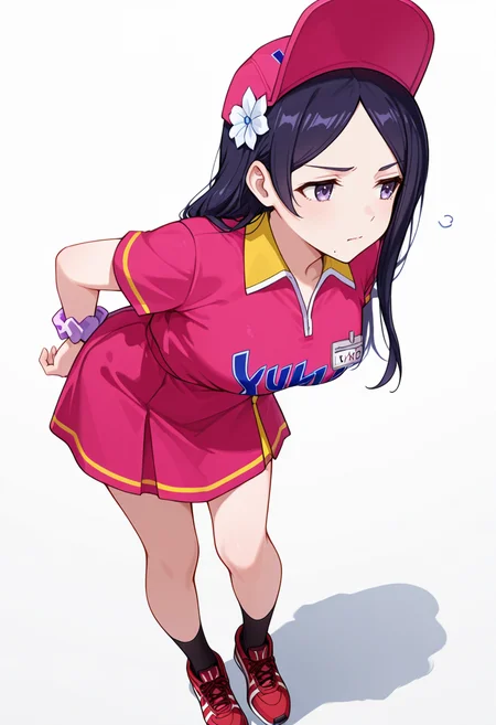 masterpiece,high quality details, absurdres,
<lora:Kohinata:0.8>
kohinata_cnr, 1girl, black hair, long hair,parted bangs, purple eyes,mole under mouth,
kohinata_s1,uniform_cnr,employee uniform, sportswear, pink shirt,short sleeves, skirt, hat, black socks,red sneakers, hair flower, wrist scrunchie,, simple background, white background, front view,solo,, annoyed,sad,, looking away,bent forward at waist,one arm extended forward,